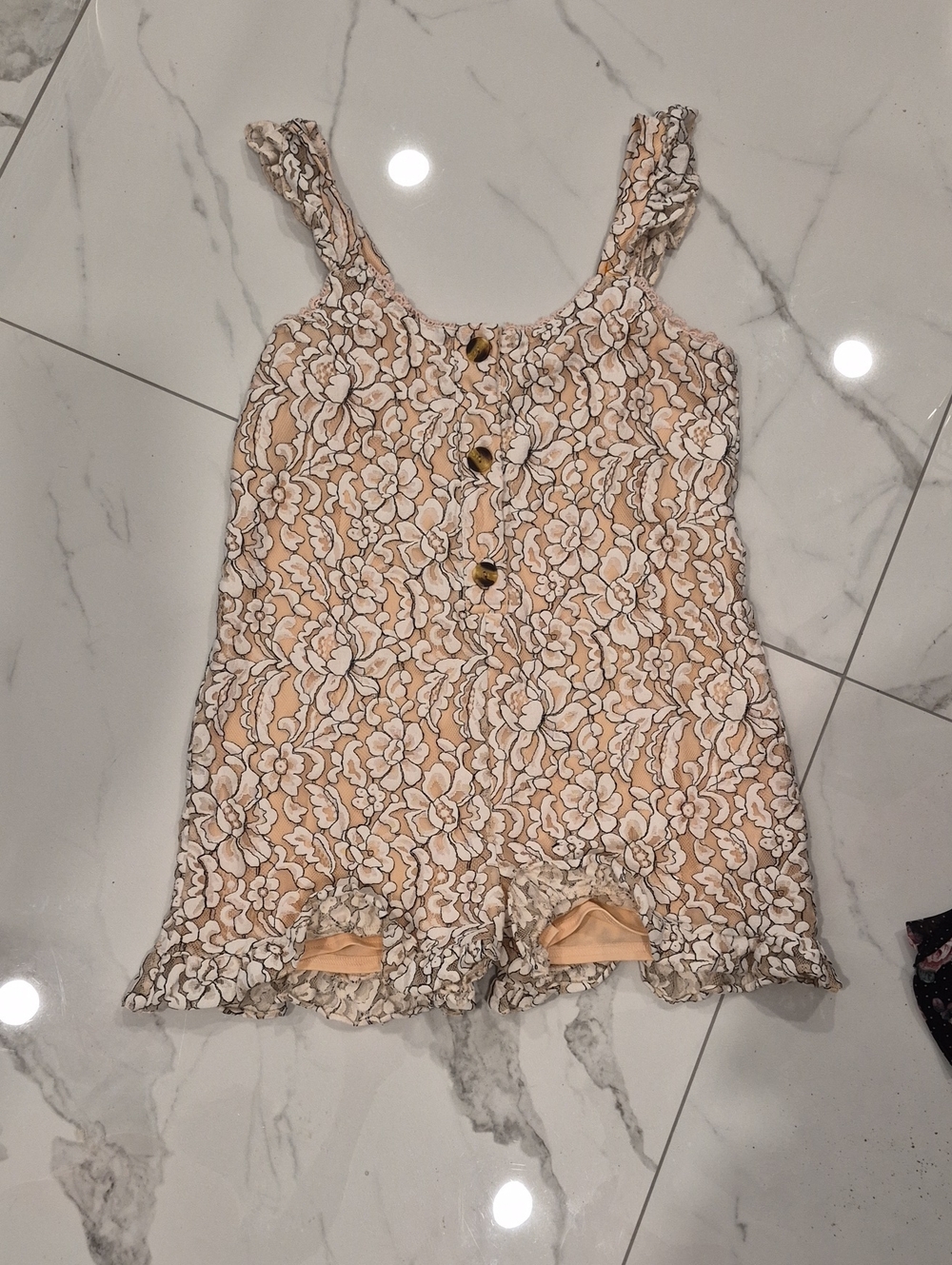 Peach Love California Beige Floral Lace Camisole Romper